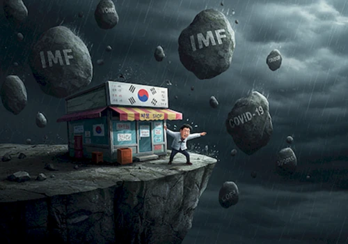 절벽 끝에서 가게를 붙잡고 있는 소상공인. 최저임금 동결의 절박함을 상징.