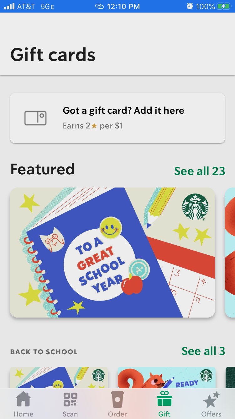 screenshot of Starbucks app, showing the gift card menus