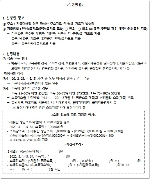 인천 광역시 특수 형태 근로 종사자 프리랜서 무급휴직 근로자 생계비 지원금 신청방법