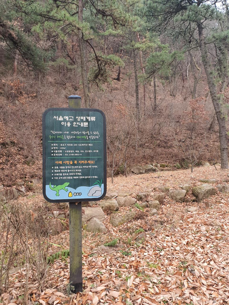 북악산_北岳山_Bukaksan/ 서울예고 생태계류 이용안내문이 보이네요 동물.식물을 잡거나 건드리지 않고 바라보기만 하세요/계류와 연못에 들어가지마세요/쓰레기를 함부로 버리지마세요/다른 곳에 살던 동물을 계류와 연못에 풀어주지마세요/참고하세요