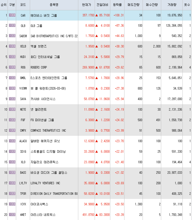  11월2일 미국주식 상승률 상위 종목 TOP 300