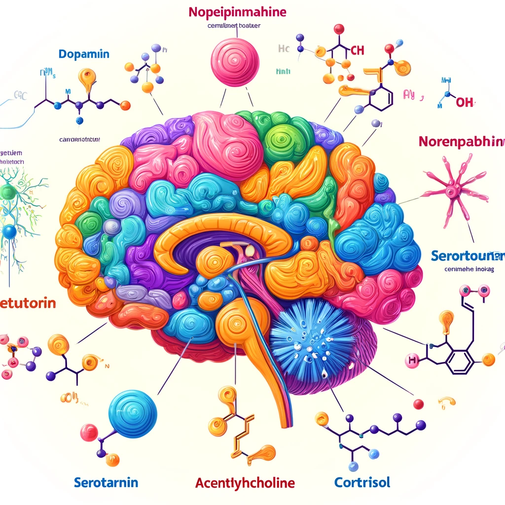 도파민, 노르에피네프린, 세로토닌, 아세틸콜린, 코르티솔 등 집중력과 관련된 다양한 호르몬을 이미지로 표현