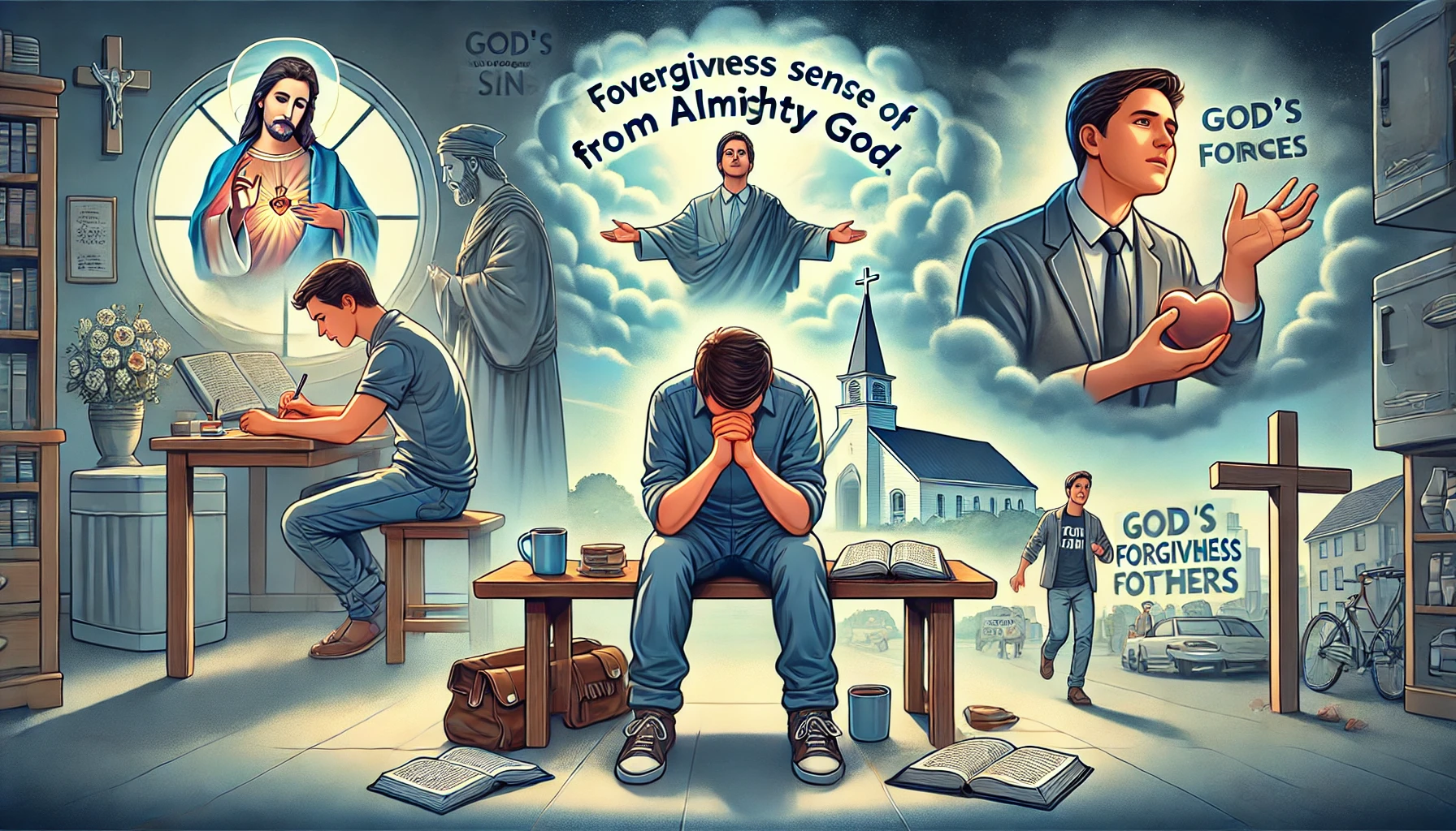 Here is the illustration showing a modern person surrounded by the overwhelming sense of their own sins, feeling burdened yet deeply reflecting on the forgiveness from Almighty God. The scenes include meditating and praying with gratitude, contemplating God's mercy, and actively spreading the gospel. The settings feature a quiet place for personal reflection, a church, and a public area for evangelizing, conveying deep thankfulness, awareness of forgiveness, and a strong sense of mission.