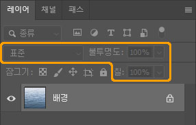 불투명도, 칠, 블렌드 모드가 비활성화된 모습