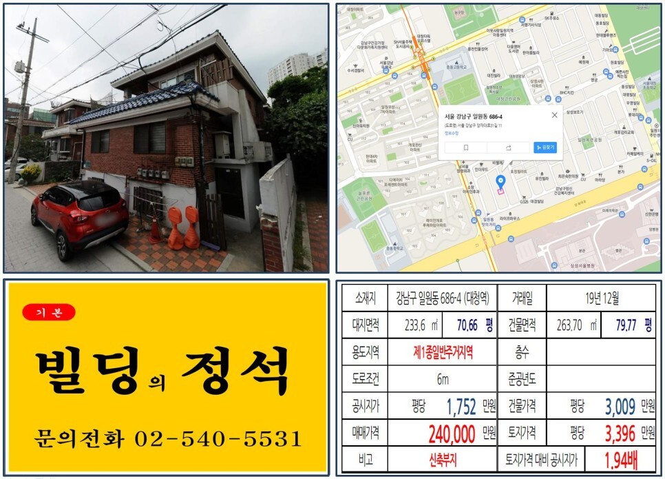  [강남구 수서역세권 20억 꼬마빌딩 신축부지 실거래가 조회] 일원동 686-4 (대청역) 24억 원, 평당 3,396만 원 매매되었습니다. 디에이치자이개포아파트