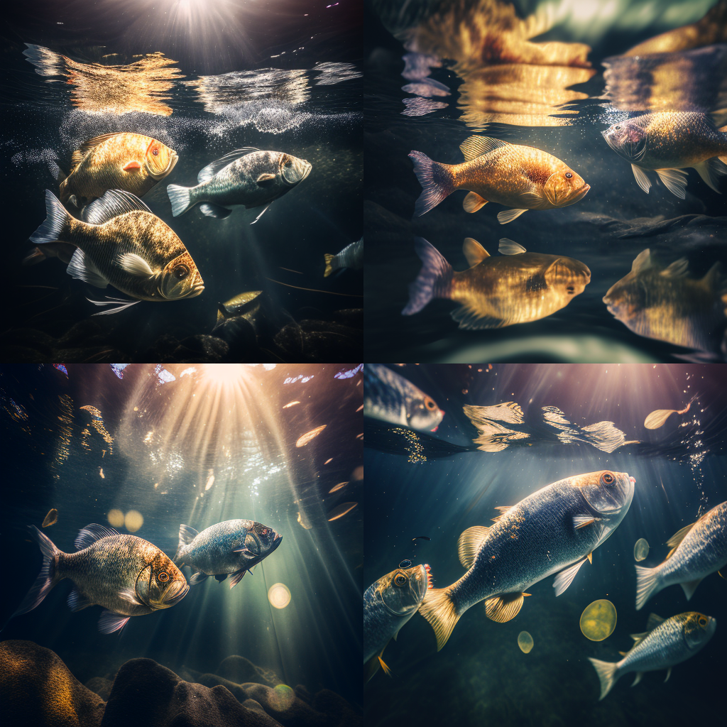 fishes in water with sparkling&amp;#44; crisp radiant reflections&amp;#44; sunlight gleaming&amp;#44; Canon 35mm lens hyperrealistic photography&amp;#44; style of unsplash --style 4c