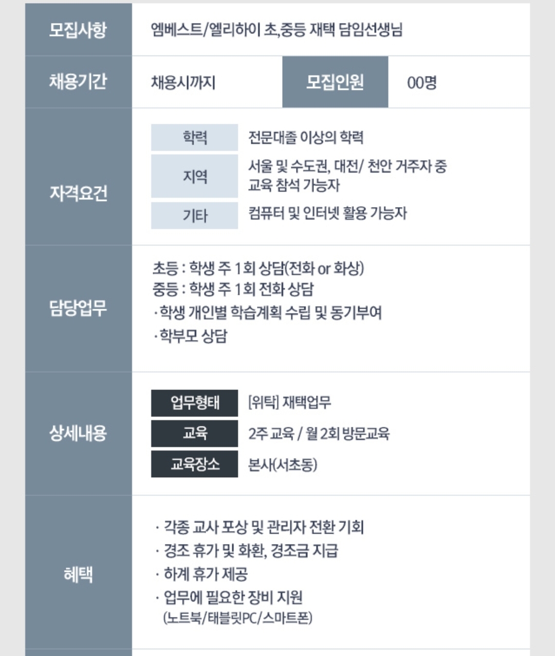 주부 재택 근무 엠베스트/ 엘리하이 교사 지원과정/ 수수료