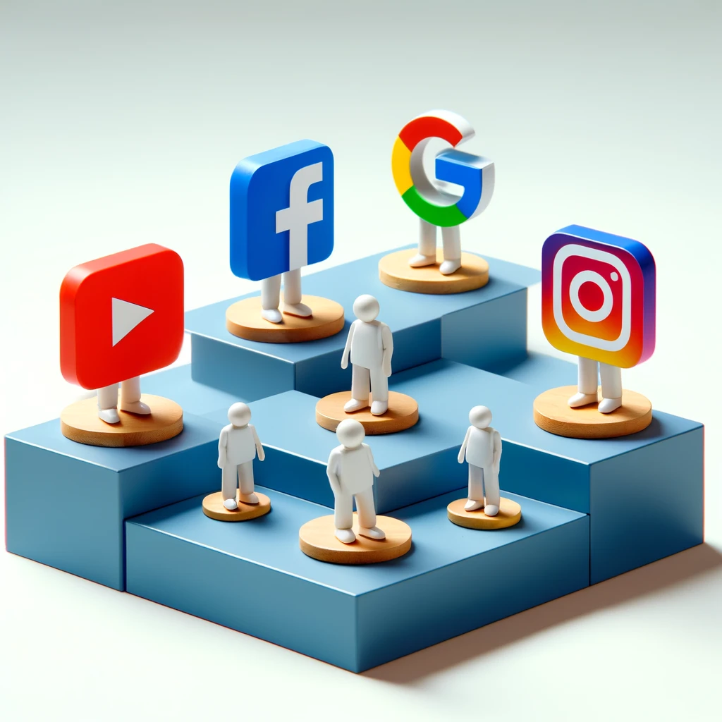 구글&#44; 유튜브&#44; 인스타그램&#44; 페이스북의 로고가 있는 각기 다른 플랫폼 위에 서있는 작은 인물들이 상징적으로 광고 콘텐츠를 전시하는 모습