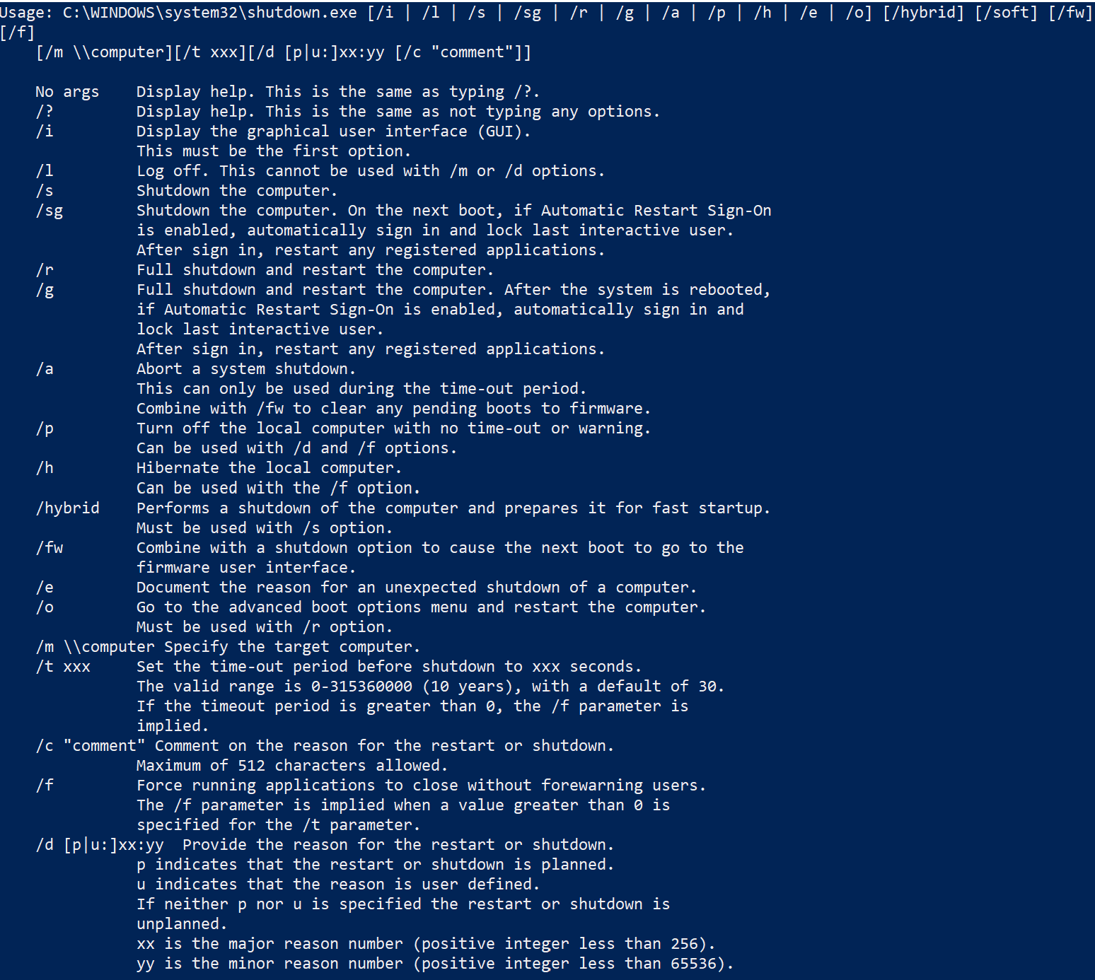 셧다운 관련 도움말을 스크린샷 한 화면을 보여줌