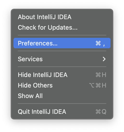 인텔리제이-메뉴에서-Preferences를-선택하고있다.