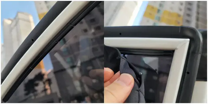 창문 윗부분 레일 부착 완료 및 레일에 커튼을 삽입하는 사진입니다.