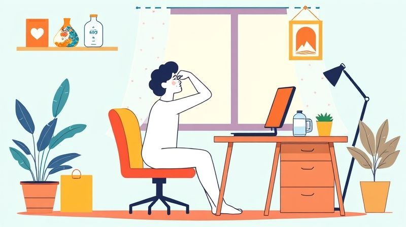 재택근무 중 스트레칭, 건강한 식습관 등으로 건강을 관리하는 그림