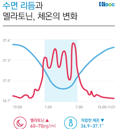 불면증 개선을 위한 이해를 돕는 멜라토닌과 체온의 변화 그래프