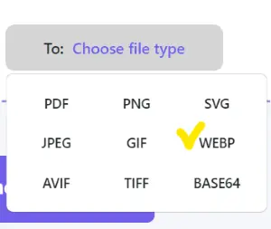 변환할 To 메뉴에서 WebP를 선택하는 메뉴화면