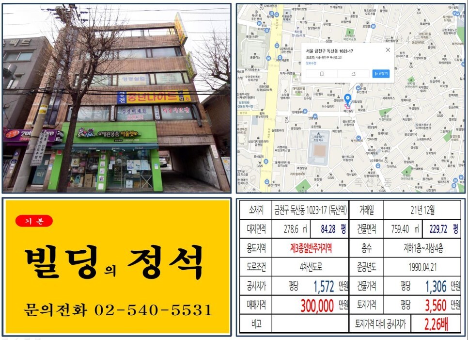  [금천구 신안산선 30억 꼬마빌딩 실거래가 조회] 독산동 1023-17 (독산역) 30억 원, 평당 3,560만 원 매매되었습니다.