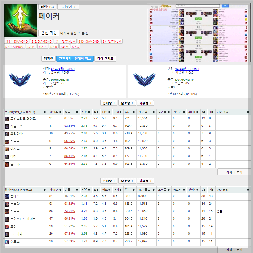 롤 전적 검색 op gg, 포우 FOW 사이트 비교