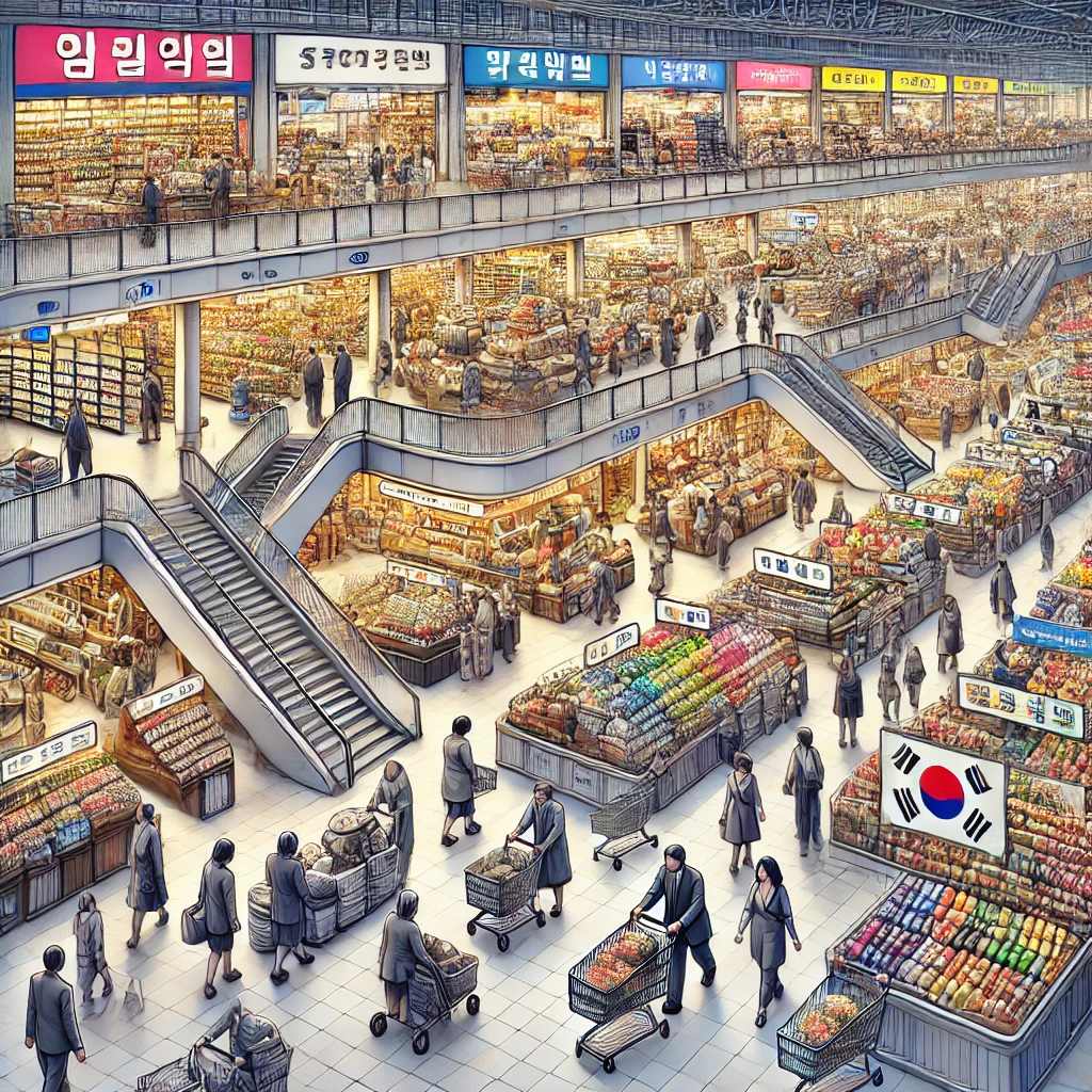 한국 대형마트의 역사적 발전을 보여주는 디지털 일러스트. 전통시장부터 현대적인 대형마트까지 변화하는 유통 산업의 모습을 묘사한 장면.