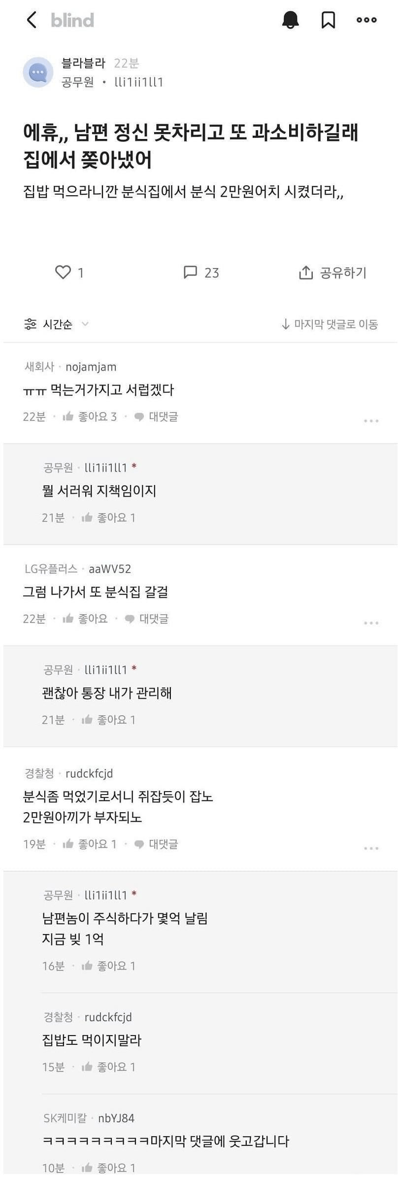 분식 2만원어치 시켰다고 남편 쫓아낸 블라인