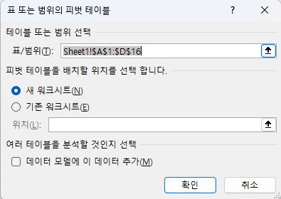 피벗 테이블 옵션 창