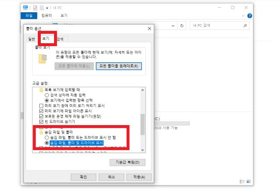 숨김 파일&#44; 폴더 및 드라이브 표시