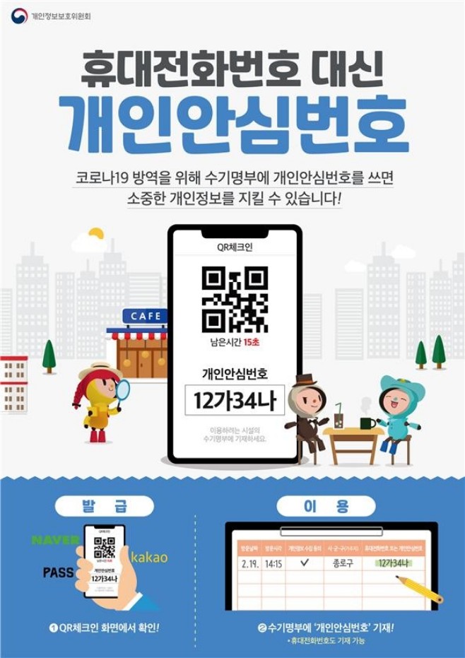  코로나 개인안심번호 실행! QR인증없이 간편하게 6자리로 출입명부 작성가능!