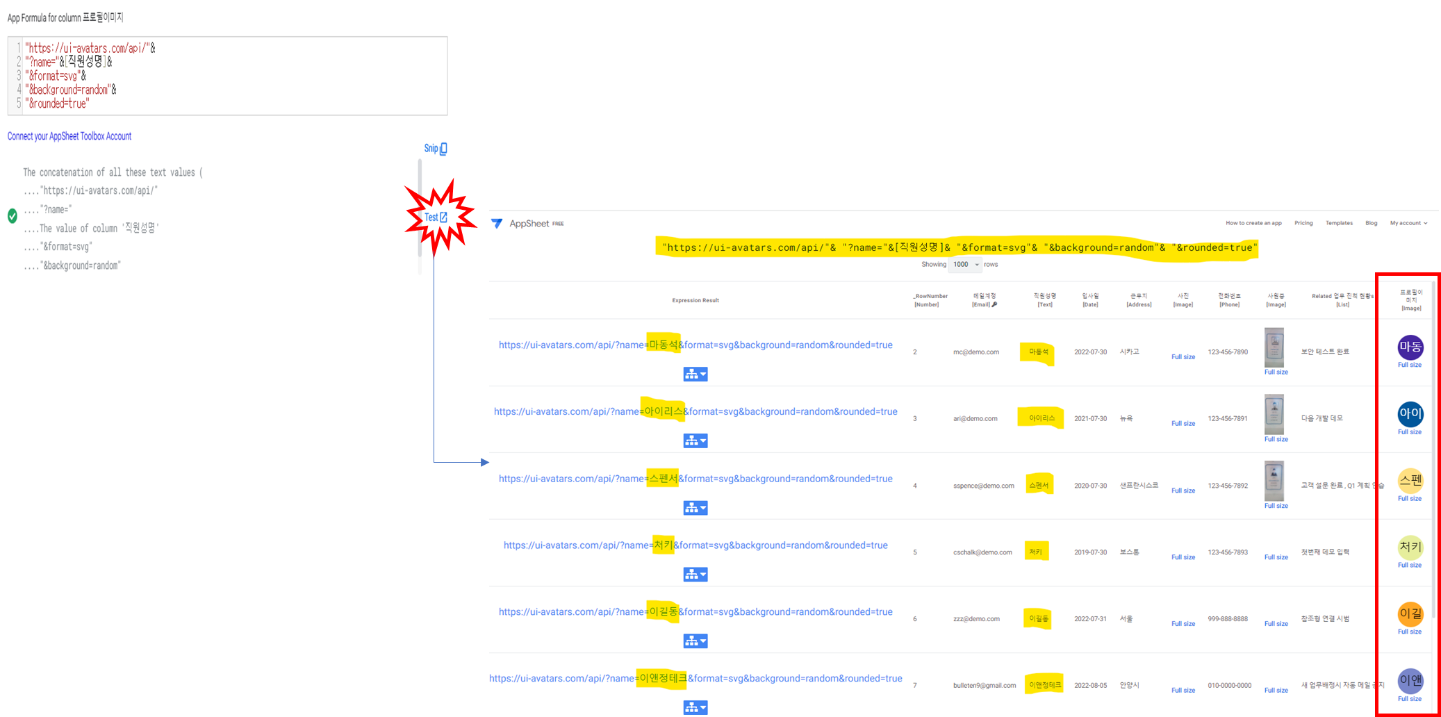 Formular 생성시 Test 를 클릭후 url 치환결과 및 프로필이미지 생성 모습