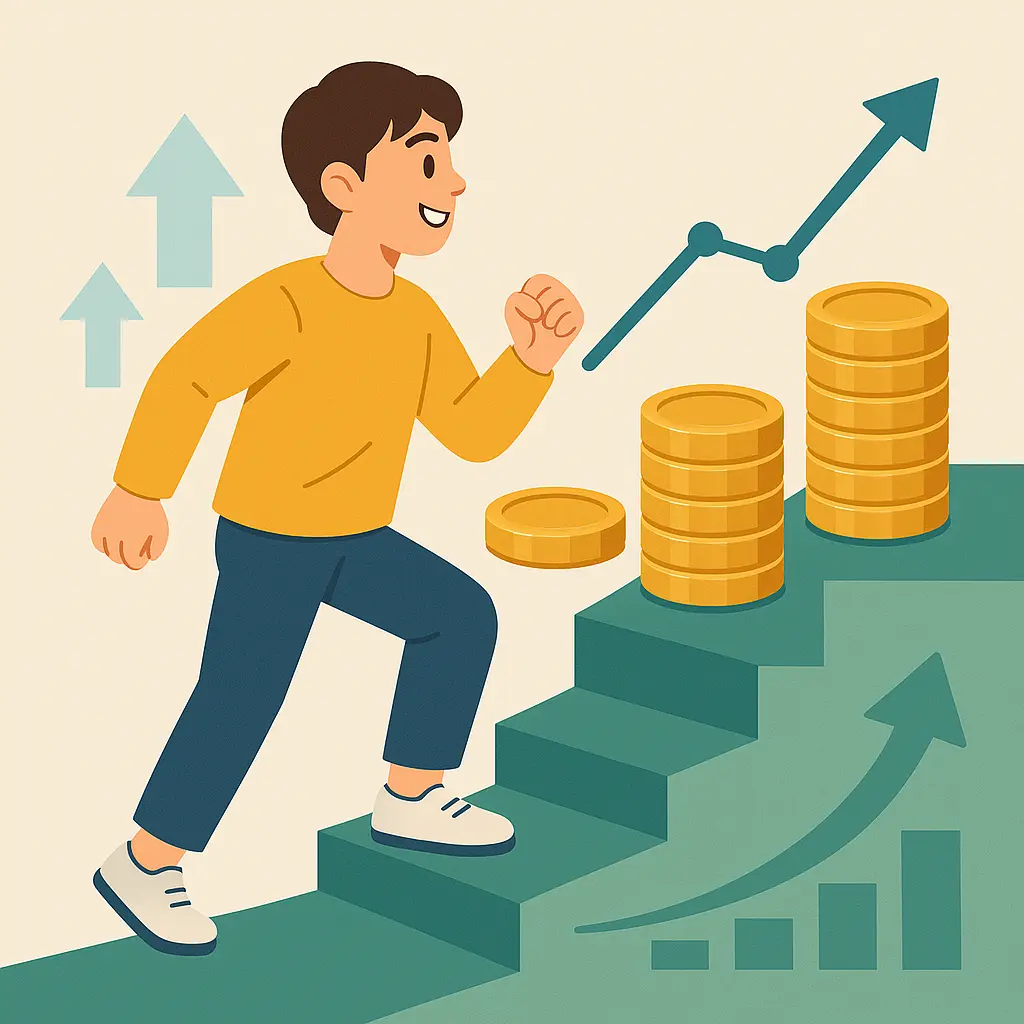 Korean youth climbing stairs toward financial growth (청년의 자산 성장 이미지)