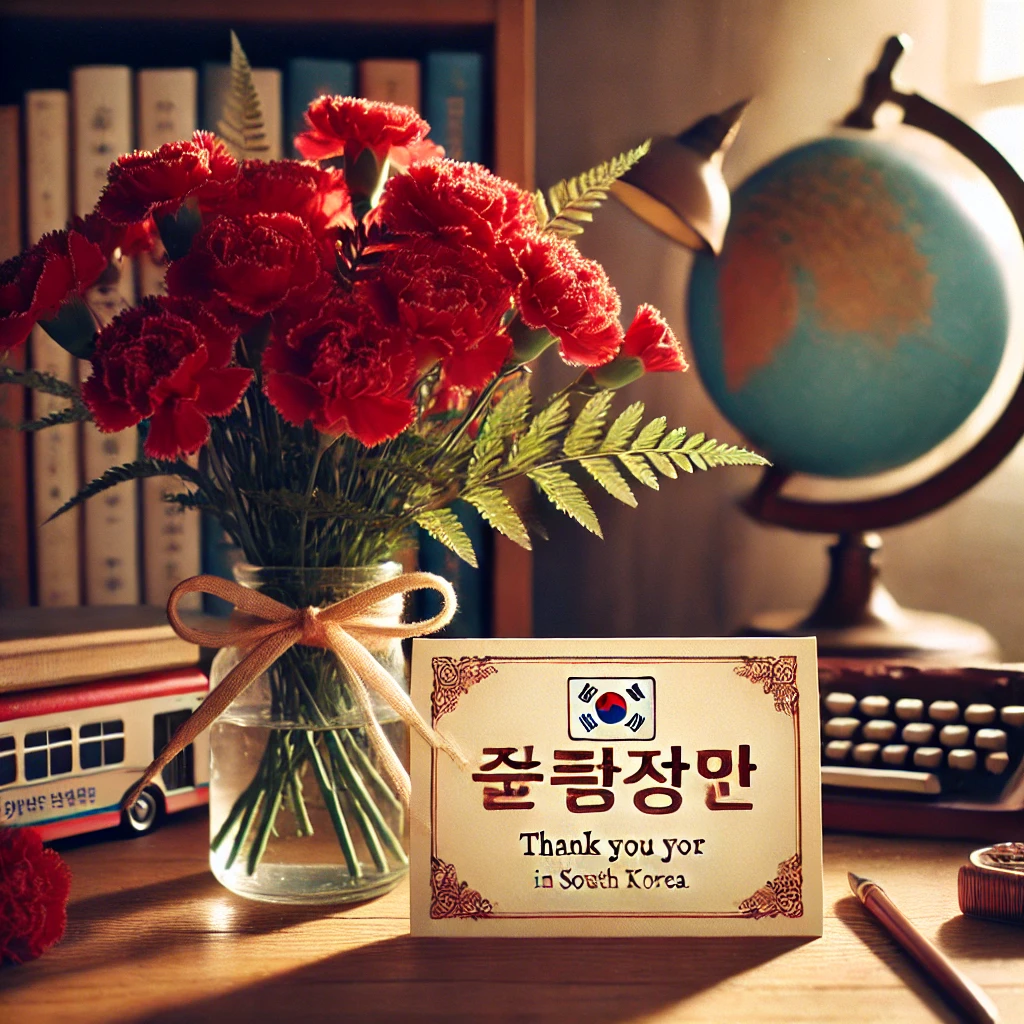 스승의 날을 기념하는 붉은 카네이션과 감사 카드가 놓인 나무 책상