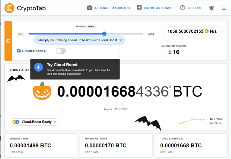  크립토탭(CryptoTab)을 통한 비트코인 채굴 현황(2021.11.03)