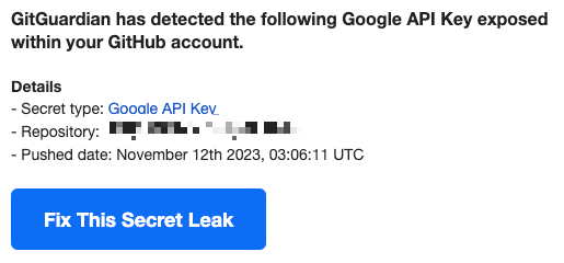 GitGuardian has detected the following Google API Key 이메일 이미지