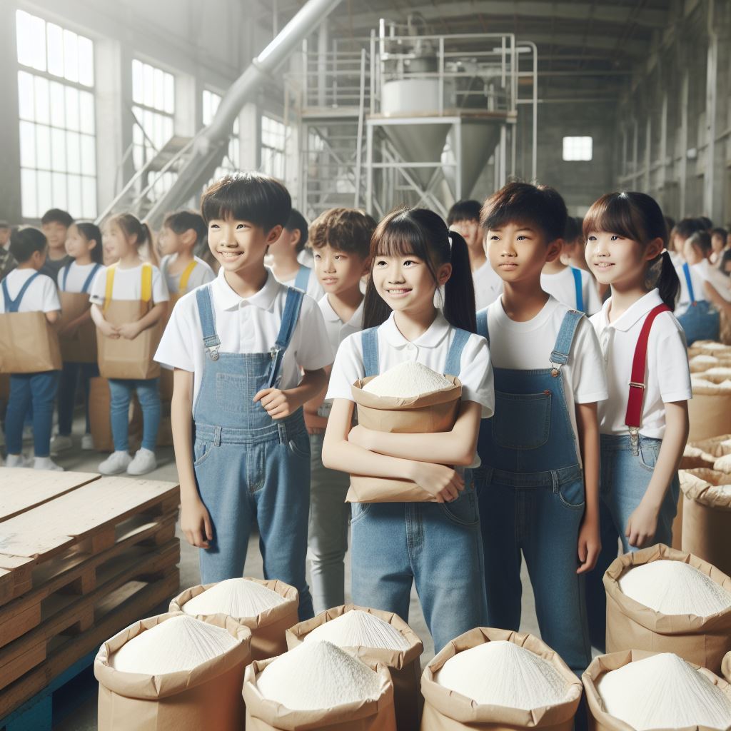 밀가루를 쌓아 놓고 있는 국수 공장을 견학하고 있는 초등학생들의 모습입니다. 신기한 광경에 모두 즐거운 표정들입니다.