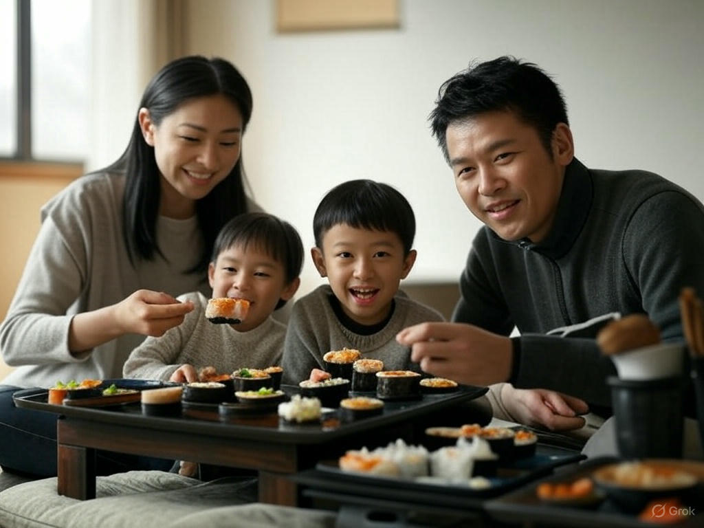 참치 김밥을 먹고 즐거워하는 가족