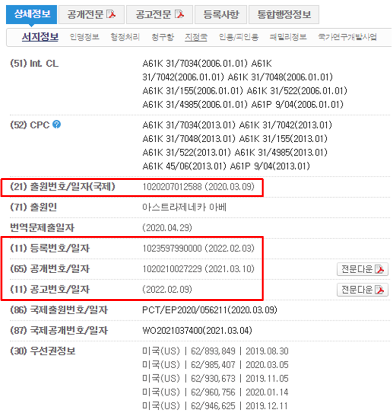 특허가 출원&#44; 공개&#44; 등록될때마다 날자와 번호를 부여받습니다. 키프리스 사이트 예시 사진