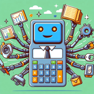 로봇 팔을 가진 계산기가 다양한 업무를 처리하는 일러스트