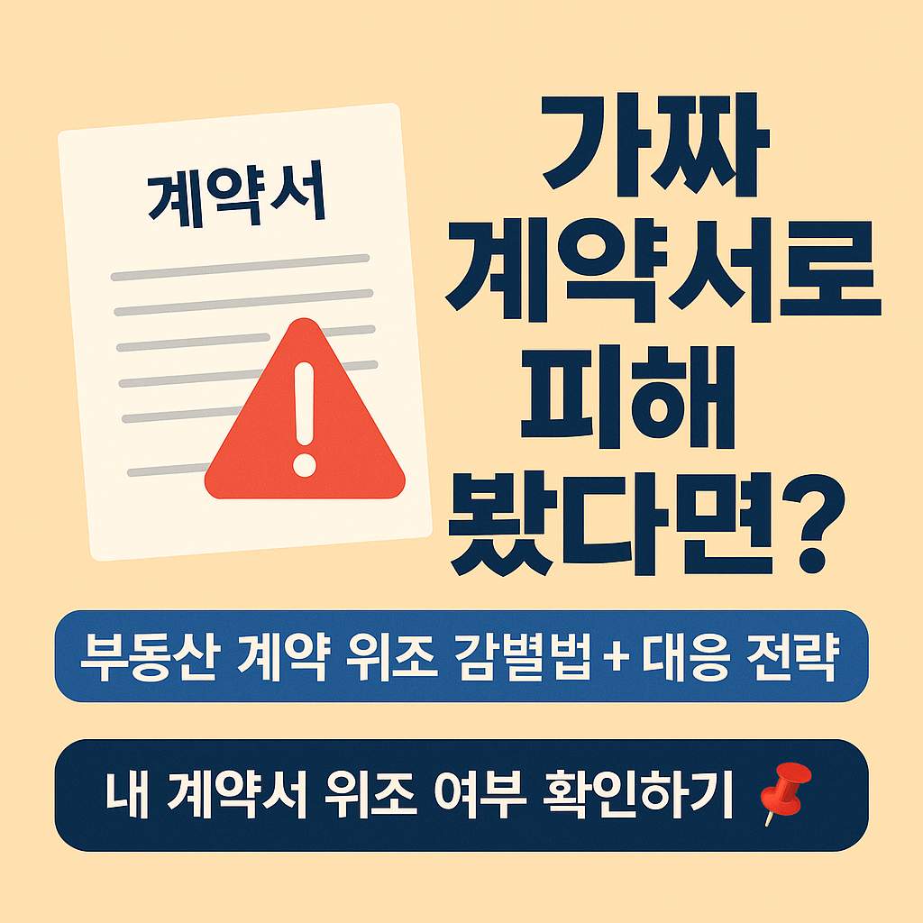 2025년 가짜 부동산 계약서 피해 대응 전략을 안내하는 썸네일 이미지로, 경고 아이콘이 표시된 계약서 문서와 진위 여부 확인 문구가 포함됨