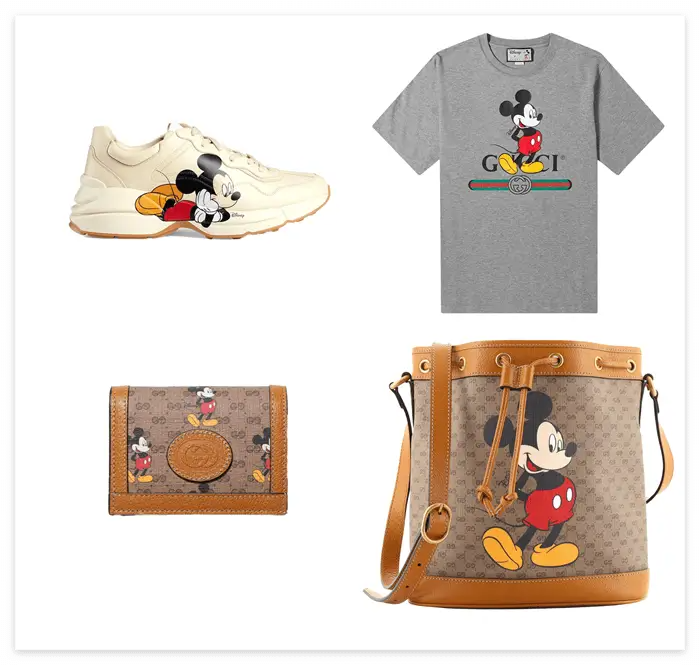 구찌와 디즈니의 콜라보레이션. 미키마우스가 그려진 신발&#44; 티셔츠&#44; 지갑&#44; 가방.