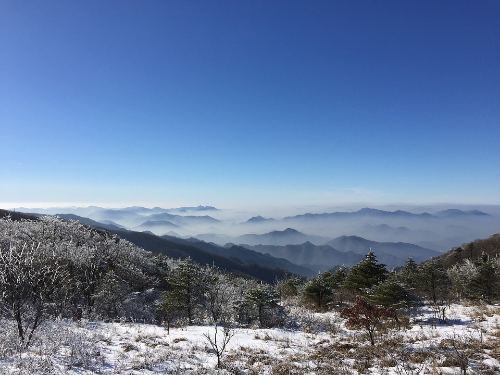 알트태그-눈덮힌 소백산과 겹겹이 펼쳐진 능선들이 보인다.