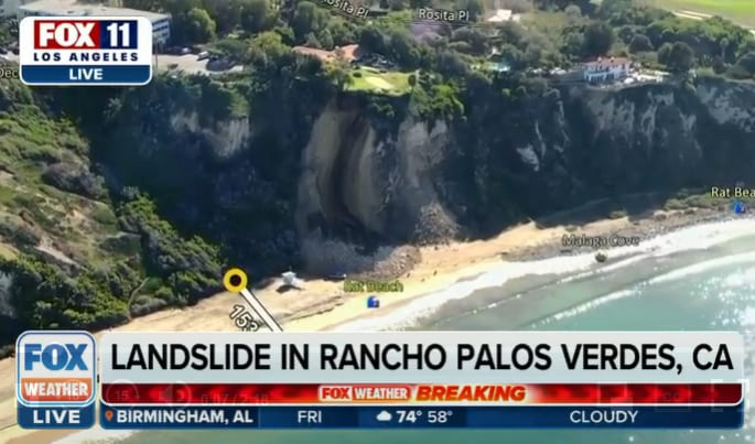 남부 캘리포니아의 해안 절벽 붕괴 Aerial video shows Southern California cliff collapsing onto beach