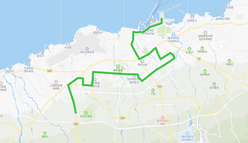  [제주] 415번버스, 요금, 시간표, 노선 정보 : 국제부두, 신설동, 제주도청, 한라병원, 수목원