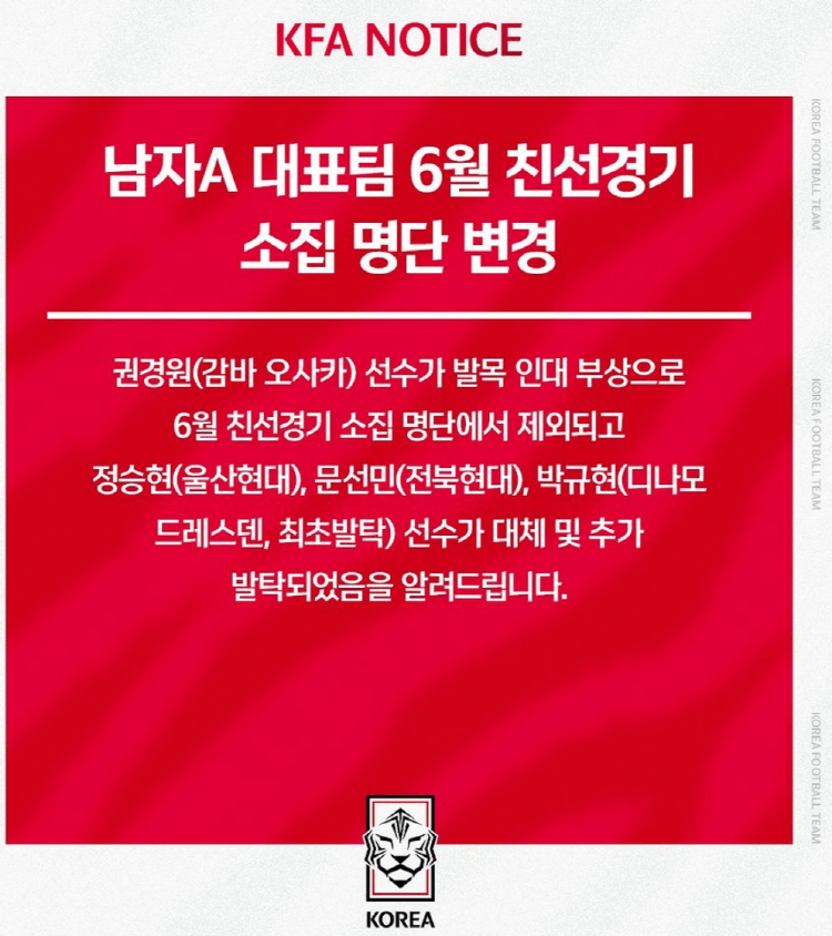 축구국가대표팀 6월친선경기 소집명단 변경건