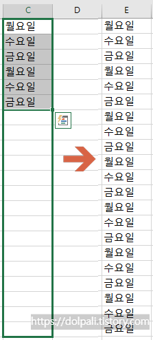 자동 채우기 옵션을 이용하여 평일 데이터 만들기-월수금