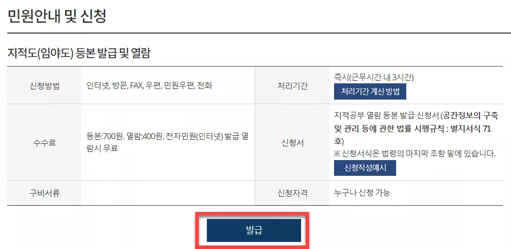 정부24 지적도 민원 안내 및 신청 화면