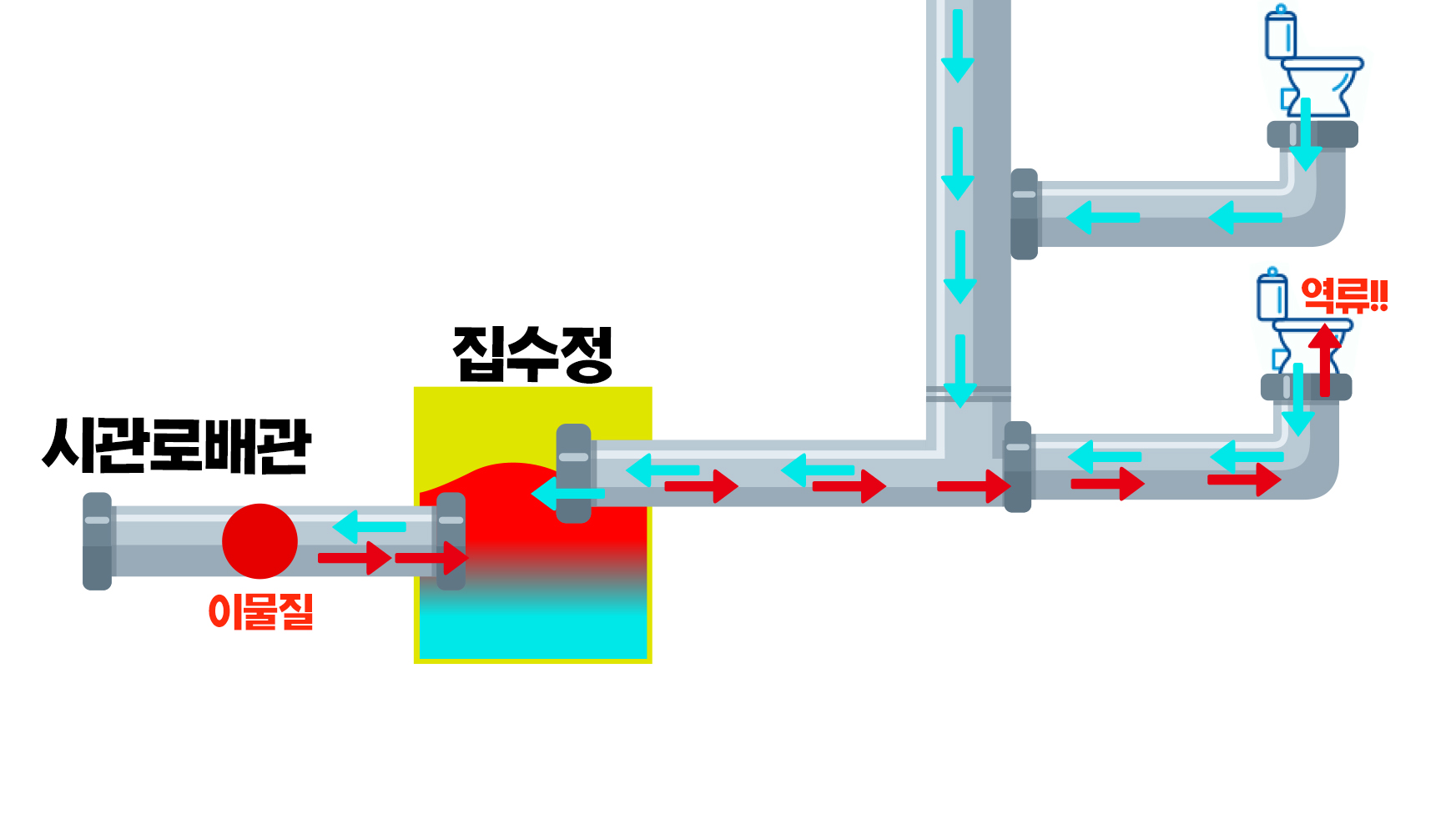 시관로배관이 막혀 집수정이 가득차고 결국 집수정과 가장 가까운 1층 변기로 오물이 역류하는 그림