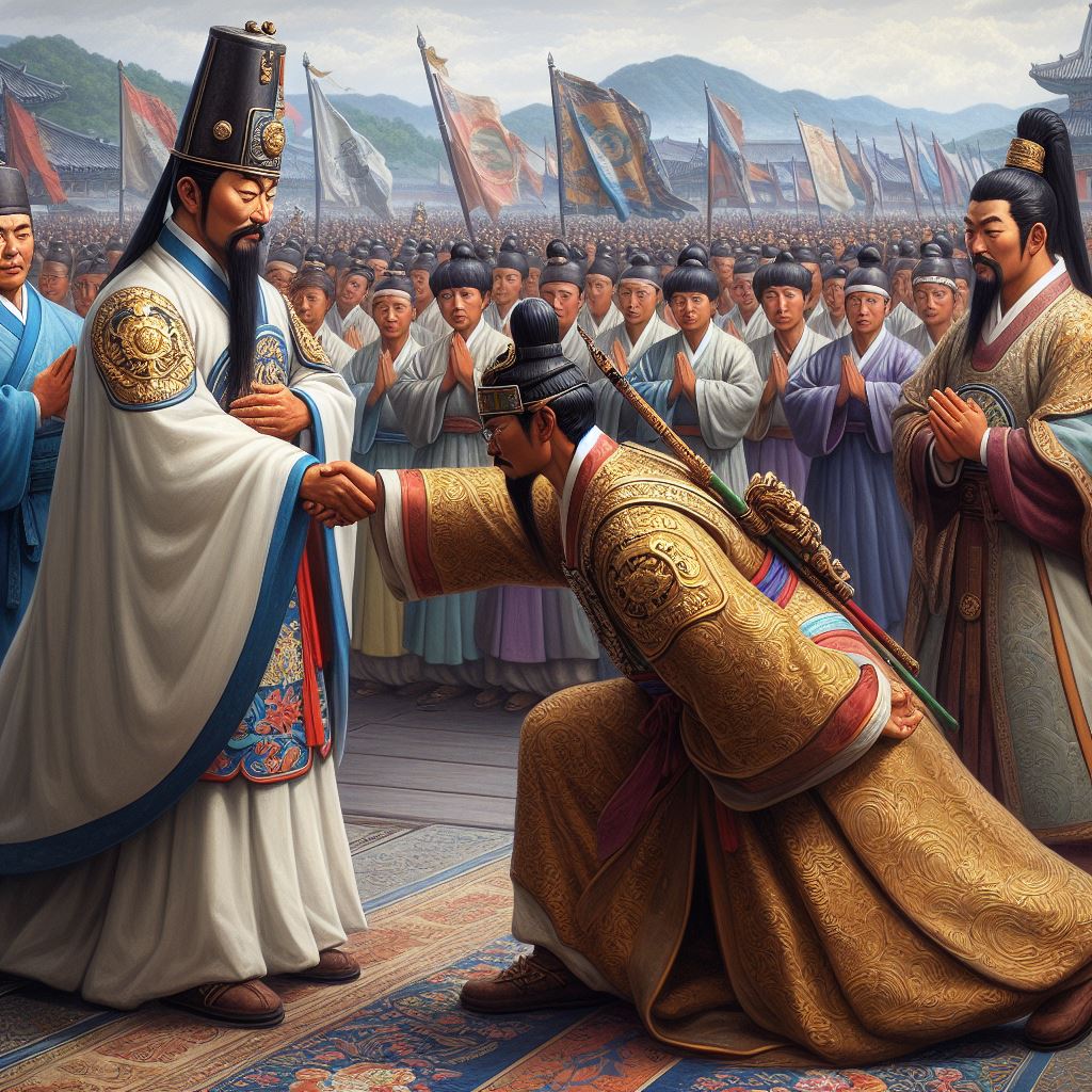 조선의 왕 인조가 청나라 황제 홍타이지에게 삼궤구고두례를 하는 모습