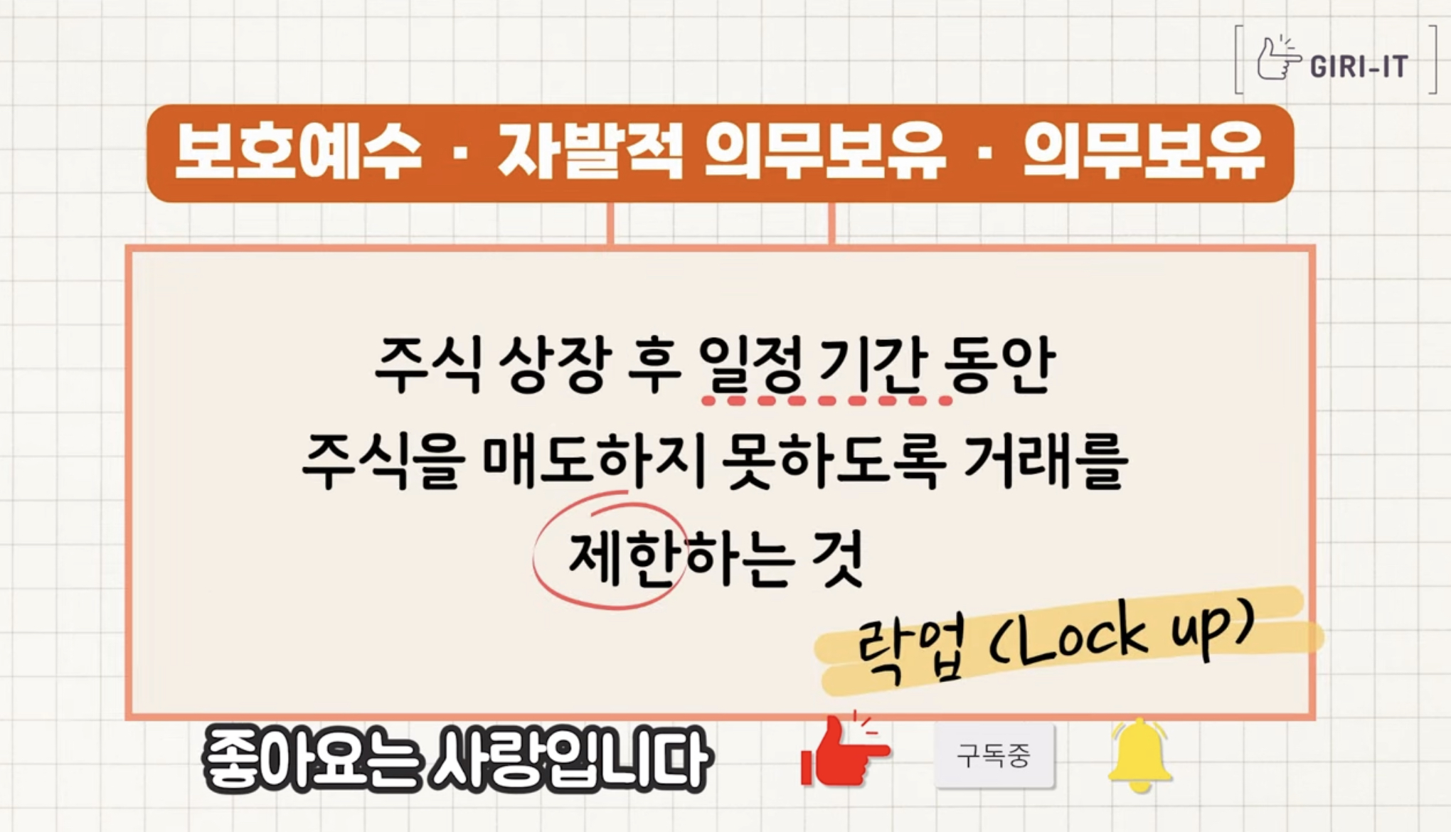 주식시장 락업, 보호예수, 자발적 의무보유, 의무보유(출처: 기릿TV)