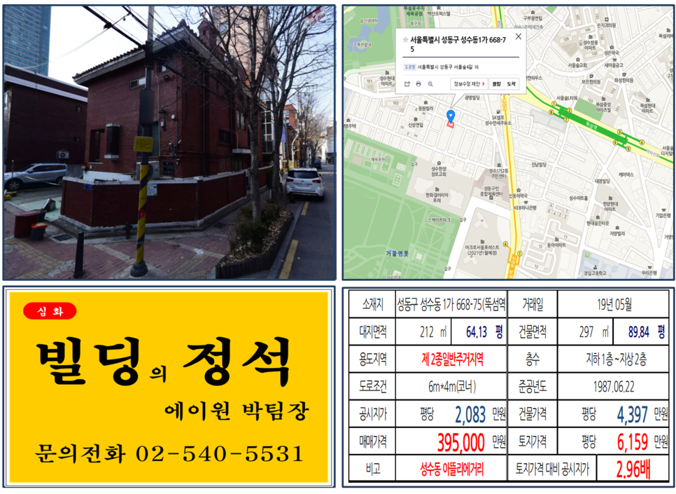  [성동구 빌딩매매사례]성수동1가 668-75(뚝섬역) 39.5억, 평당6,159만원 매매되었습니다.