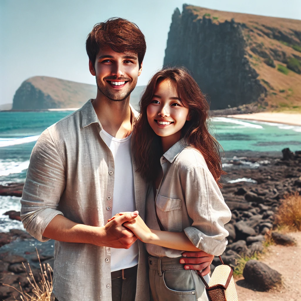 제주도 해변 절벽 앞에서 손을 잡고 미소 짓는 커플, 맑은 하늘과 파도 치는 해안가를 배경으로 여행을 즐기는 모습.