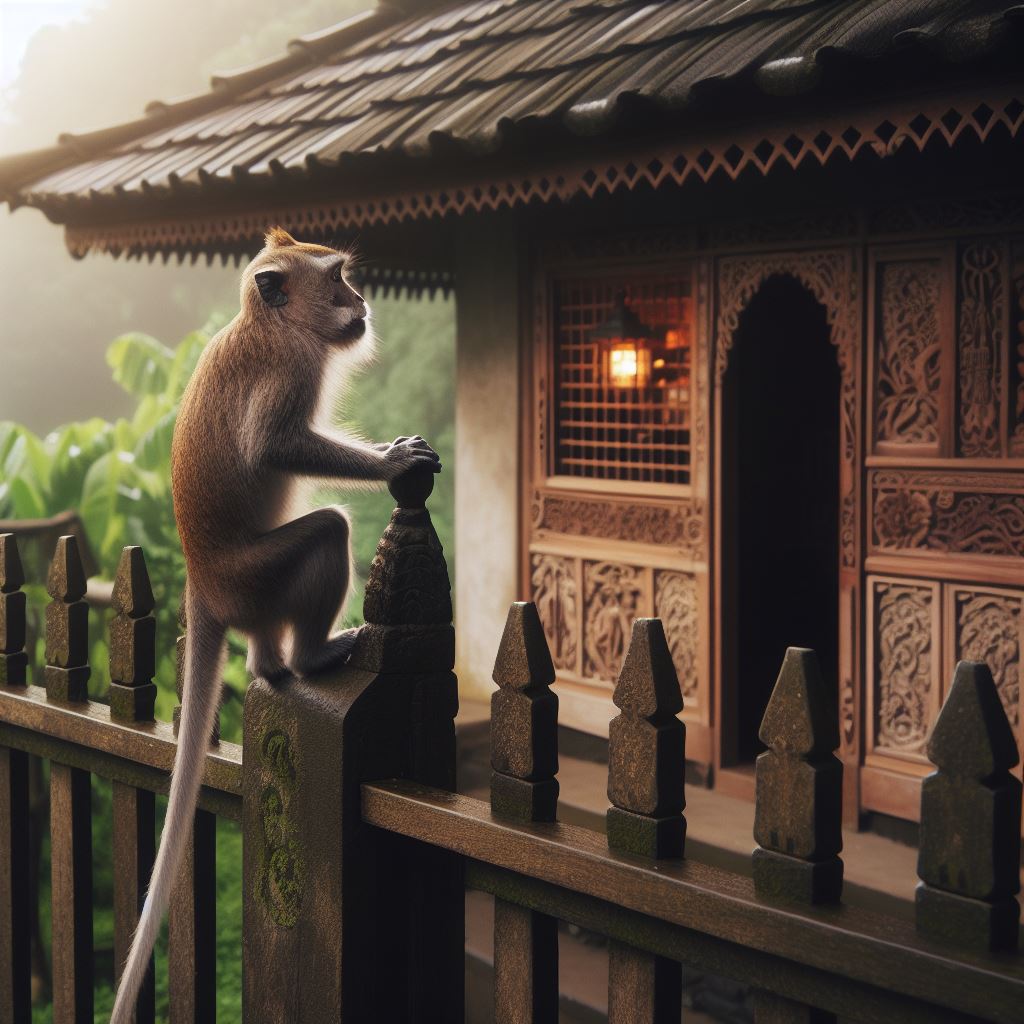 원숭이가 담장에서 집을 처다 보고 있는 그림