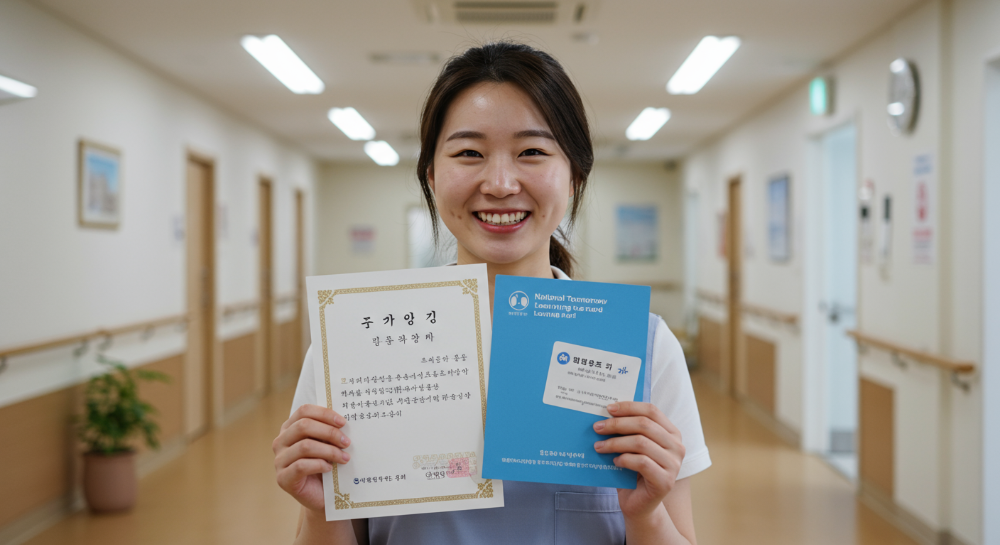 2025년 요양보호사 자격증을 취득하며 국민내일배움카드로 교육비 부담을 덜고 환하게 웃는 여성의 모습