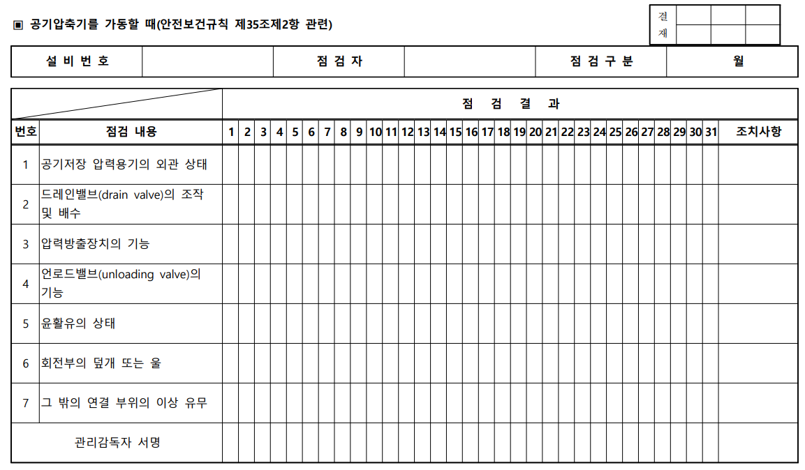 공기압축기 점검표 점검사항 점검일지